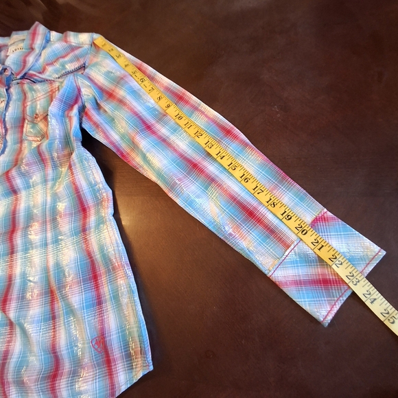 Ariat Western Snap Button Yoke Long Sleeve Metallic Blue Pink Women Size Medium - Picture 15 of 15